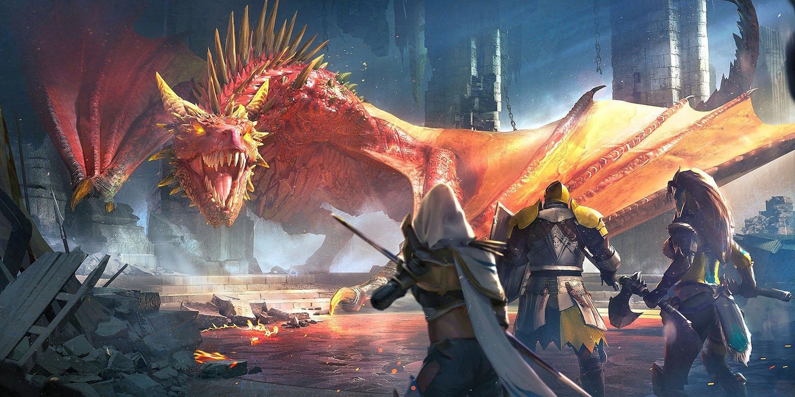 Image of a dragon threatening player characters in Raid Shadow Legends.