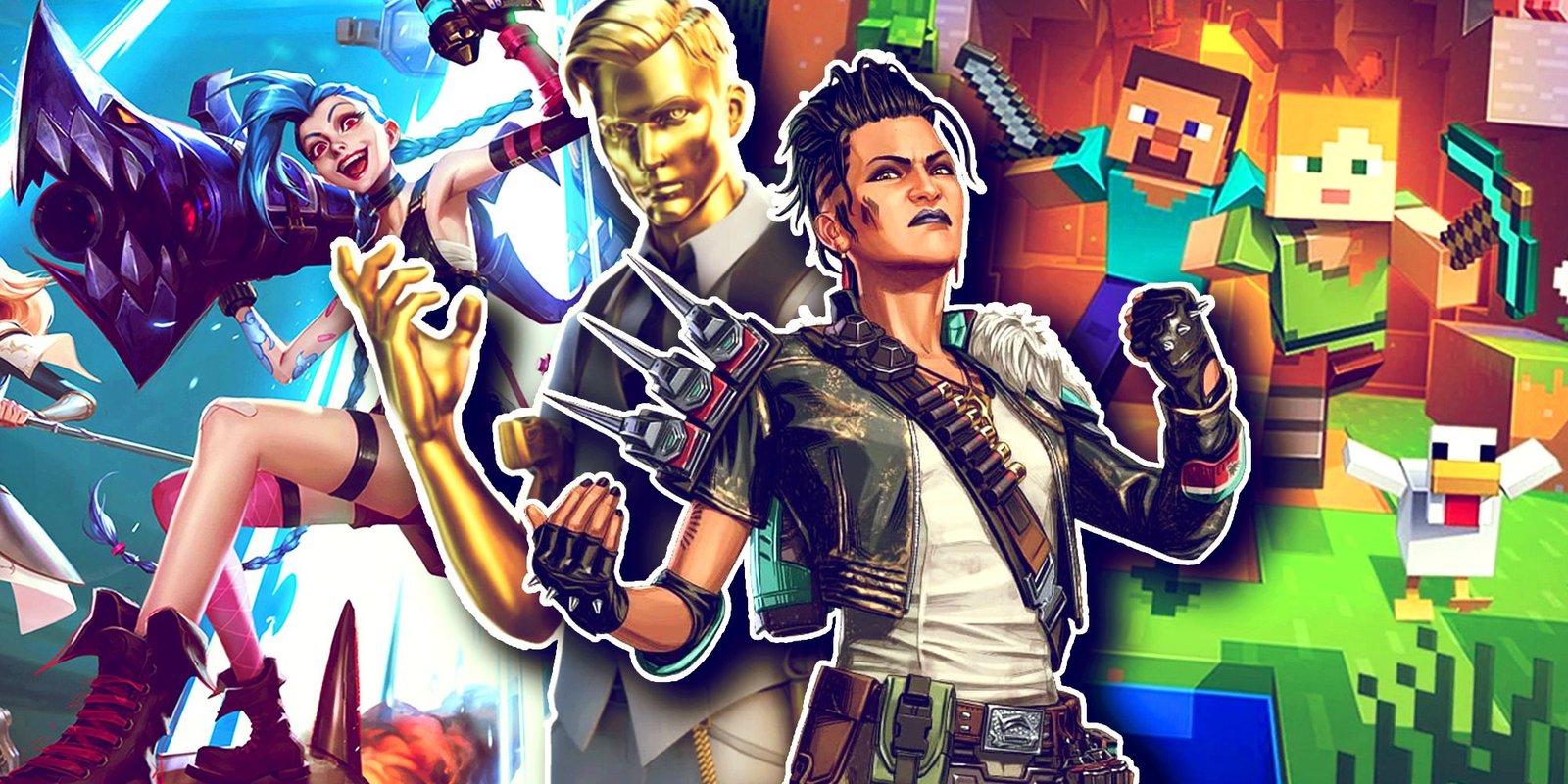Jinx (League of Legends), Midas (Fortnite), Mad Maggie (Apex Legends), and Steve and Alex (Minecraft) next to each other