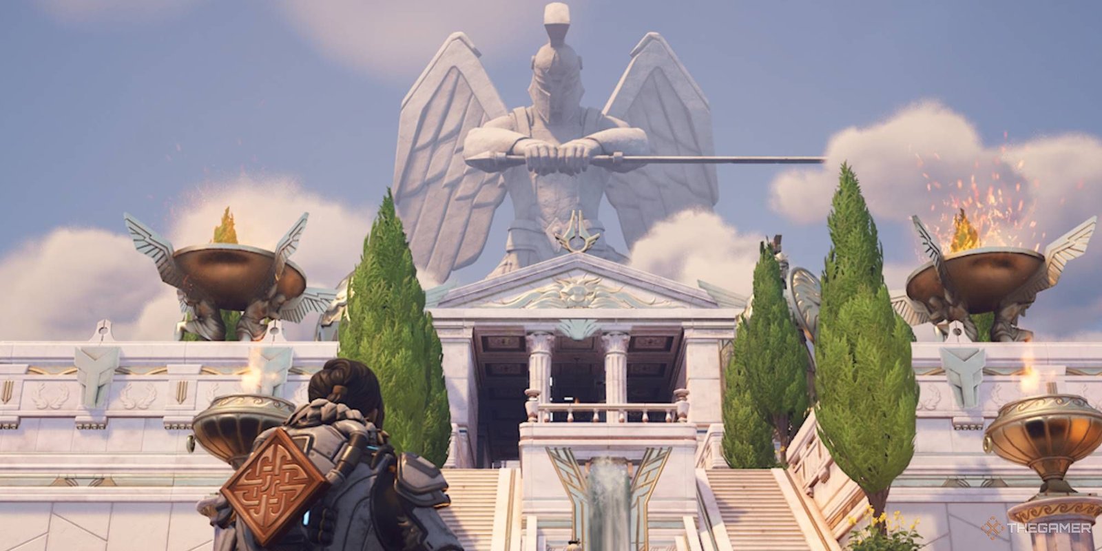 Standing at the entrance to Mount Olympus in Fortnite Chapter 5 Season 2.