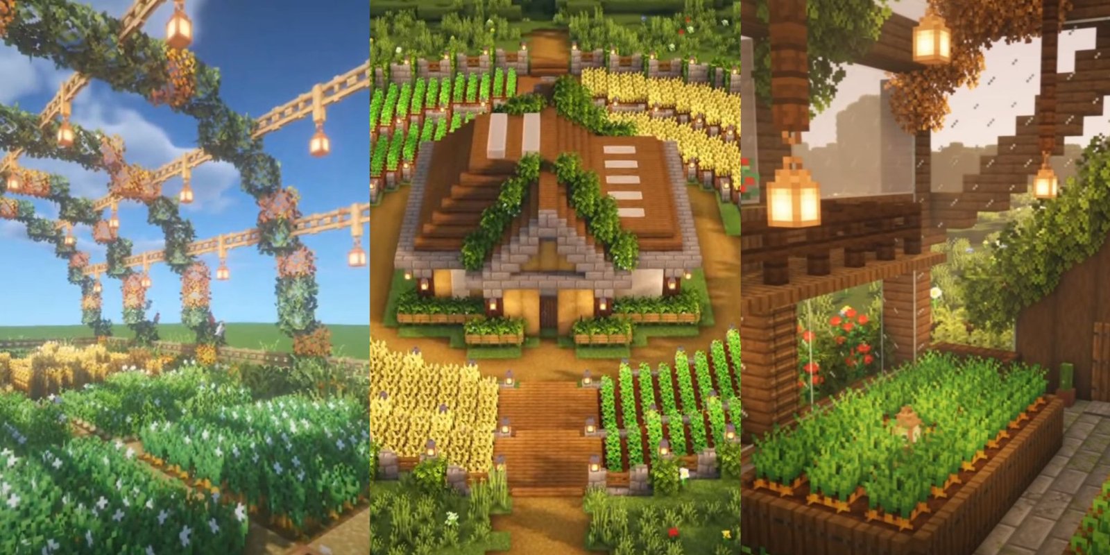 An image from Minecraft of three different farms that are all created to be aesthetically pleasing. The first features hanging lights and plants, the second is a circular field with a central farm house, and the final is a large greenhouse filled with crops.