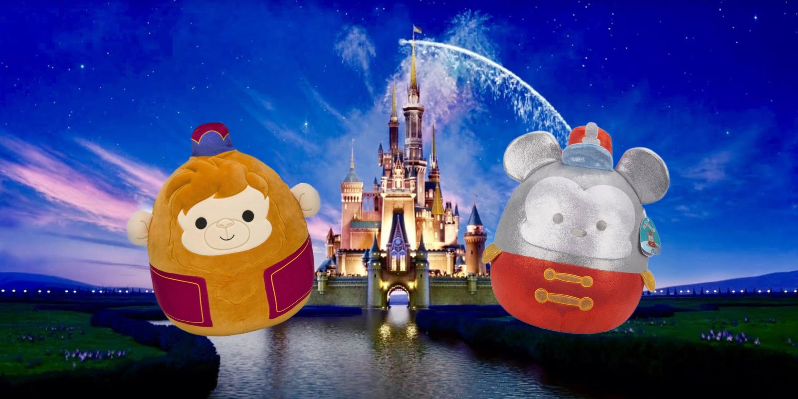 Disney Squishmallows Featured Image Featuring Disney Castle in the background with Abu and Mickey in the foreground