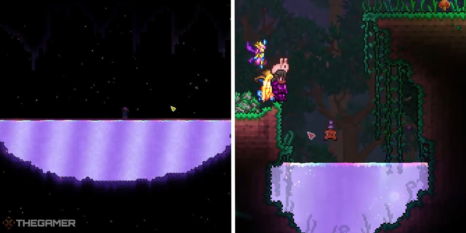 image of shimmer pond next to image of player throwing item into shimmer