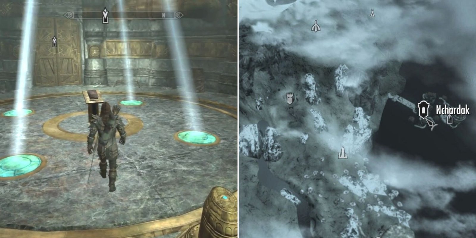 The player accessing the Epistolary Acumen Black Book in Nchardak and Nchardak on the main map in Skyrim