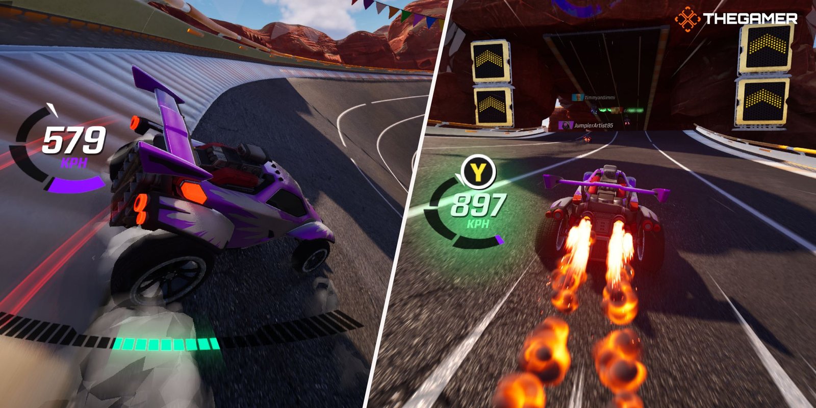 Fortnite Rocket Racing: Left: drifting around a turn, right: activating boost