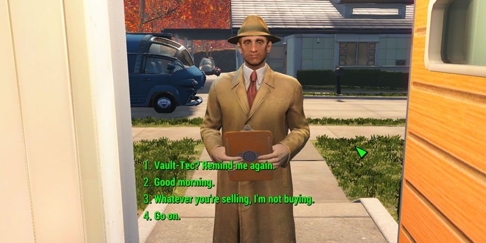 Screenshot of Vault Tec employee visiting player's house before nuke drop in Fallout 4