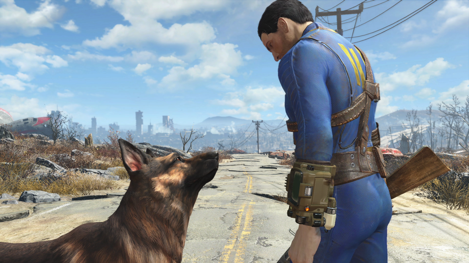 Player with companion Dog Meat on old road in Fallout 4