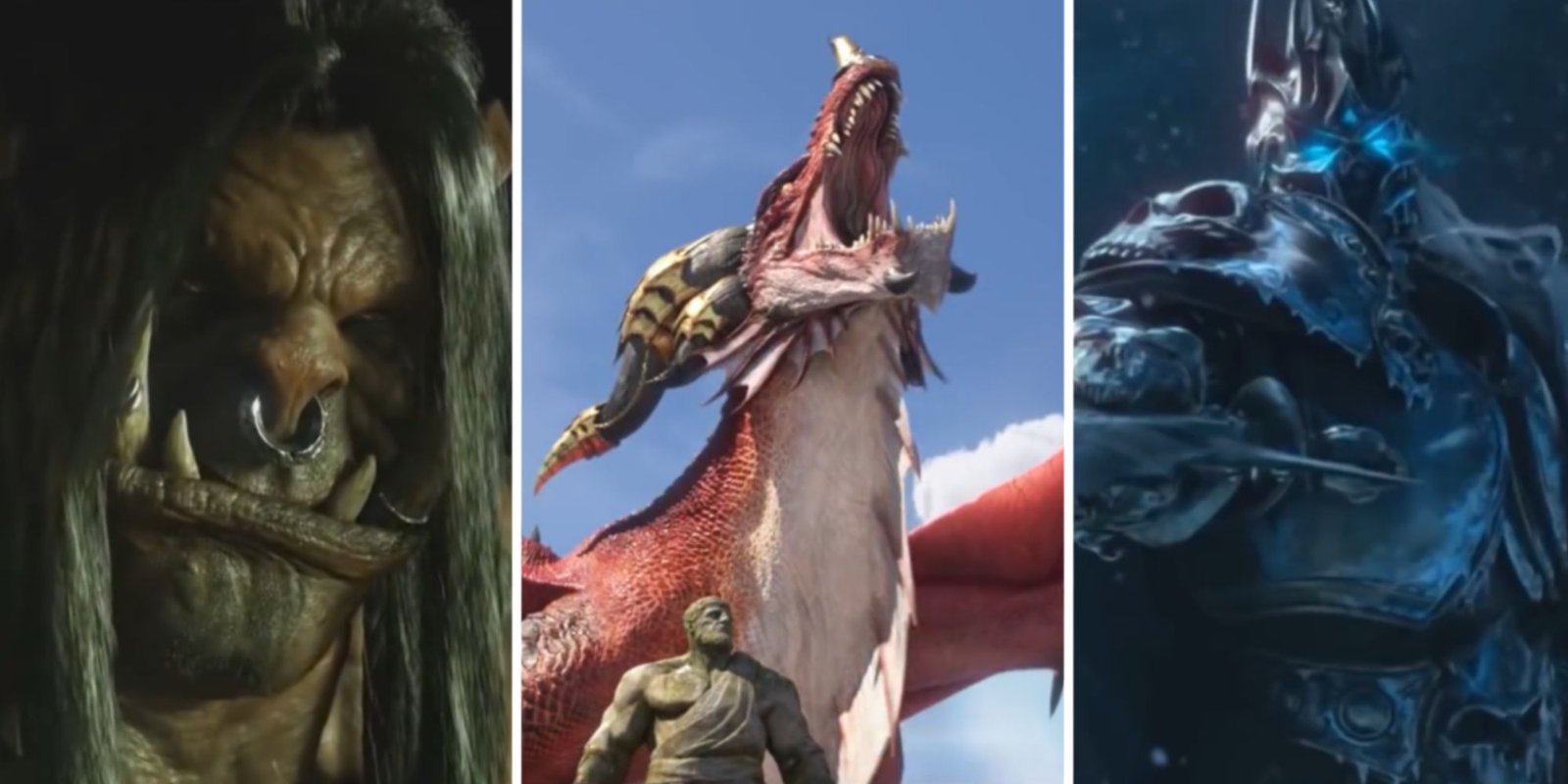 Split Image of Grom Hellscream, Alexstrasza, and The Lich King Arthas
