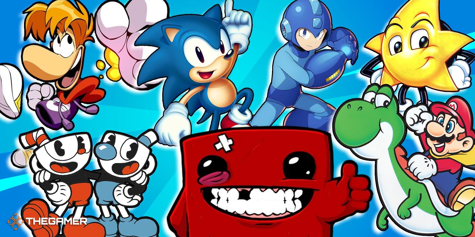 Game images from Super Meat Boy, Ristar, Cuphead , Sonic Mania, Rayman Legends Mega-Man X and Super Mario World.