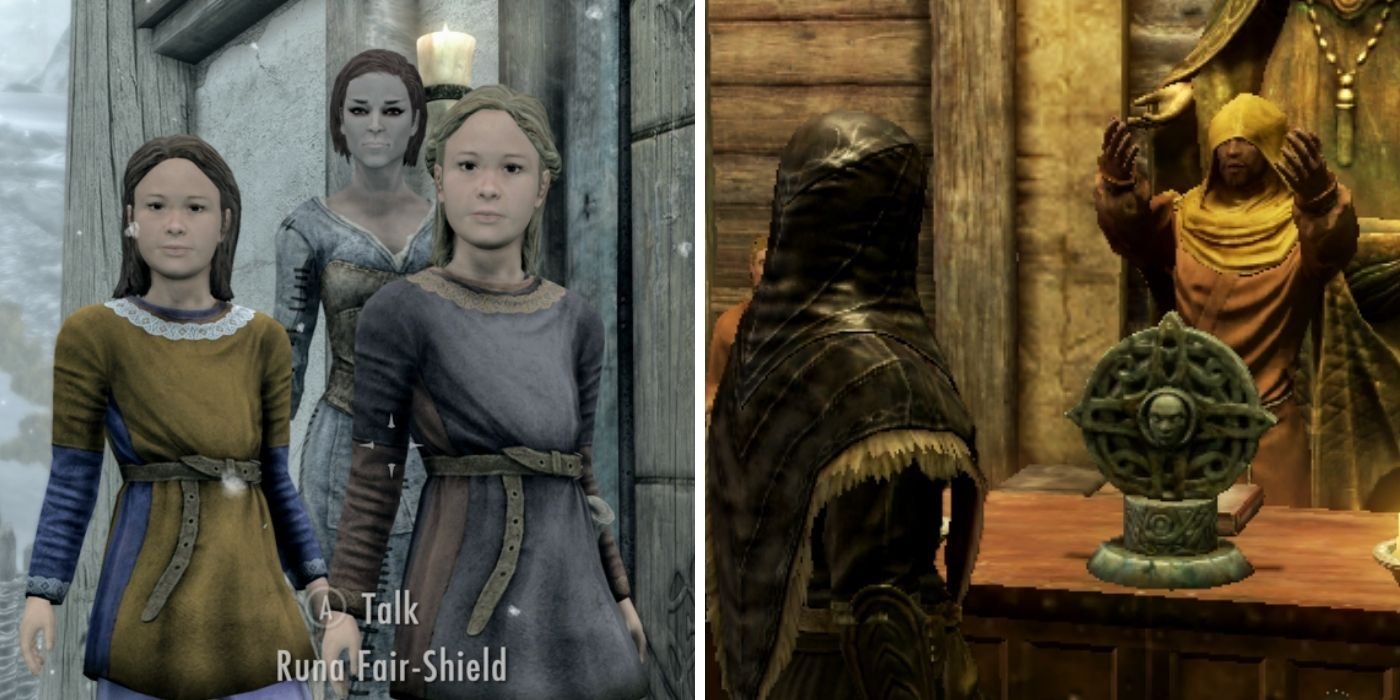 Skyrim - Split image of wife and two daughters on left and of the player getting married in the temple of Mara on right