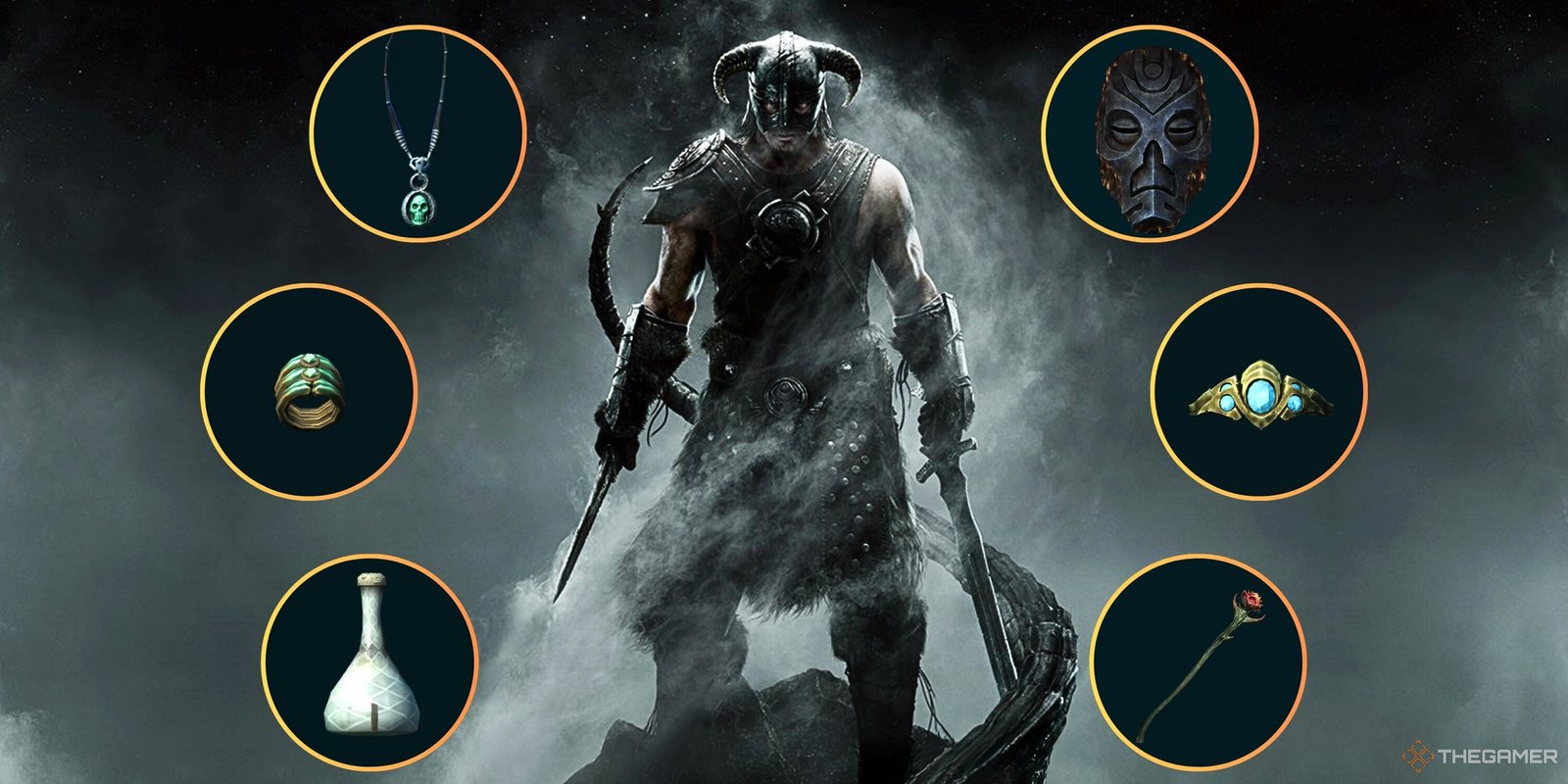 Collage image showing main character from Skyrim posing for camera with several mage items in cutout bubbles surrounding him