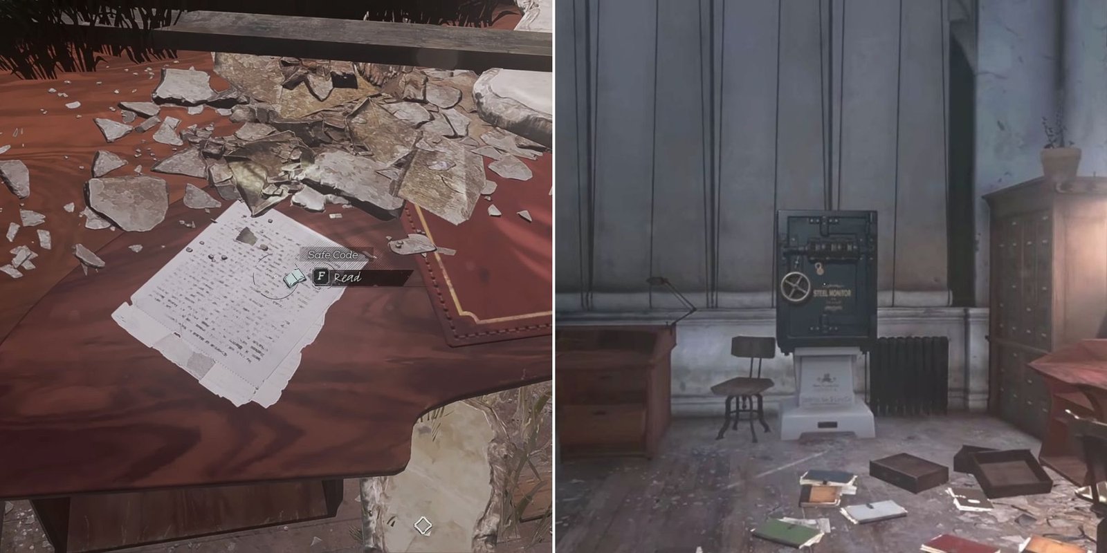 A safe code note on a table and it's corresponding safe in the same cluttered room in Dishonored 2