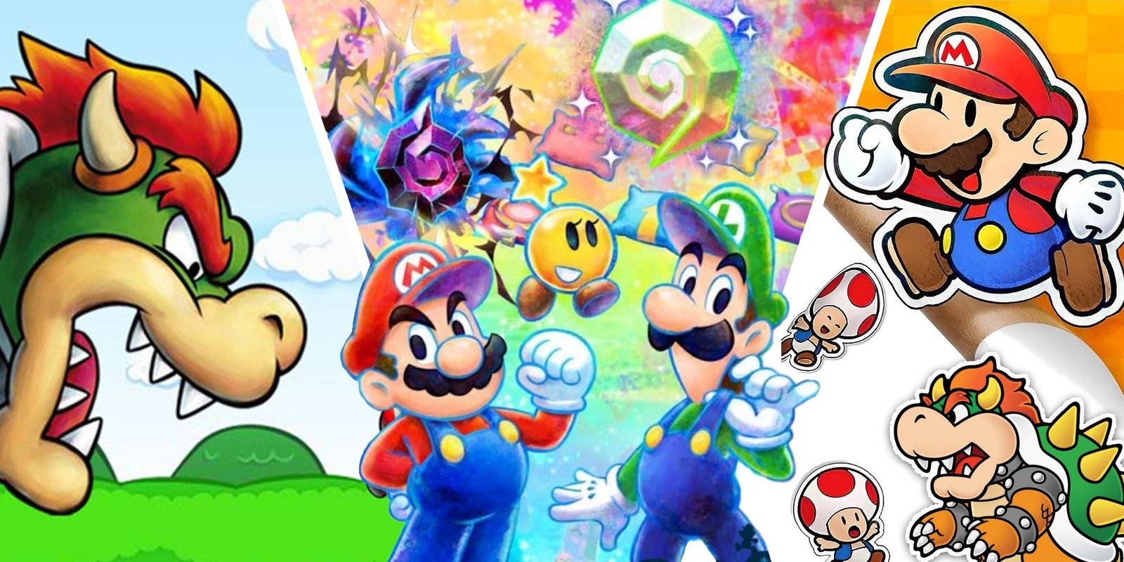 Best Mario & Luigi Games - Split Image Of Bowser, Mario, Luigi, Starlow, Paper Mario, Paper Toad, And Paper Bowser.