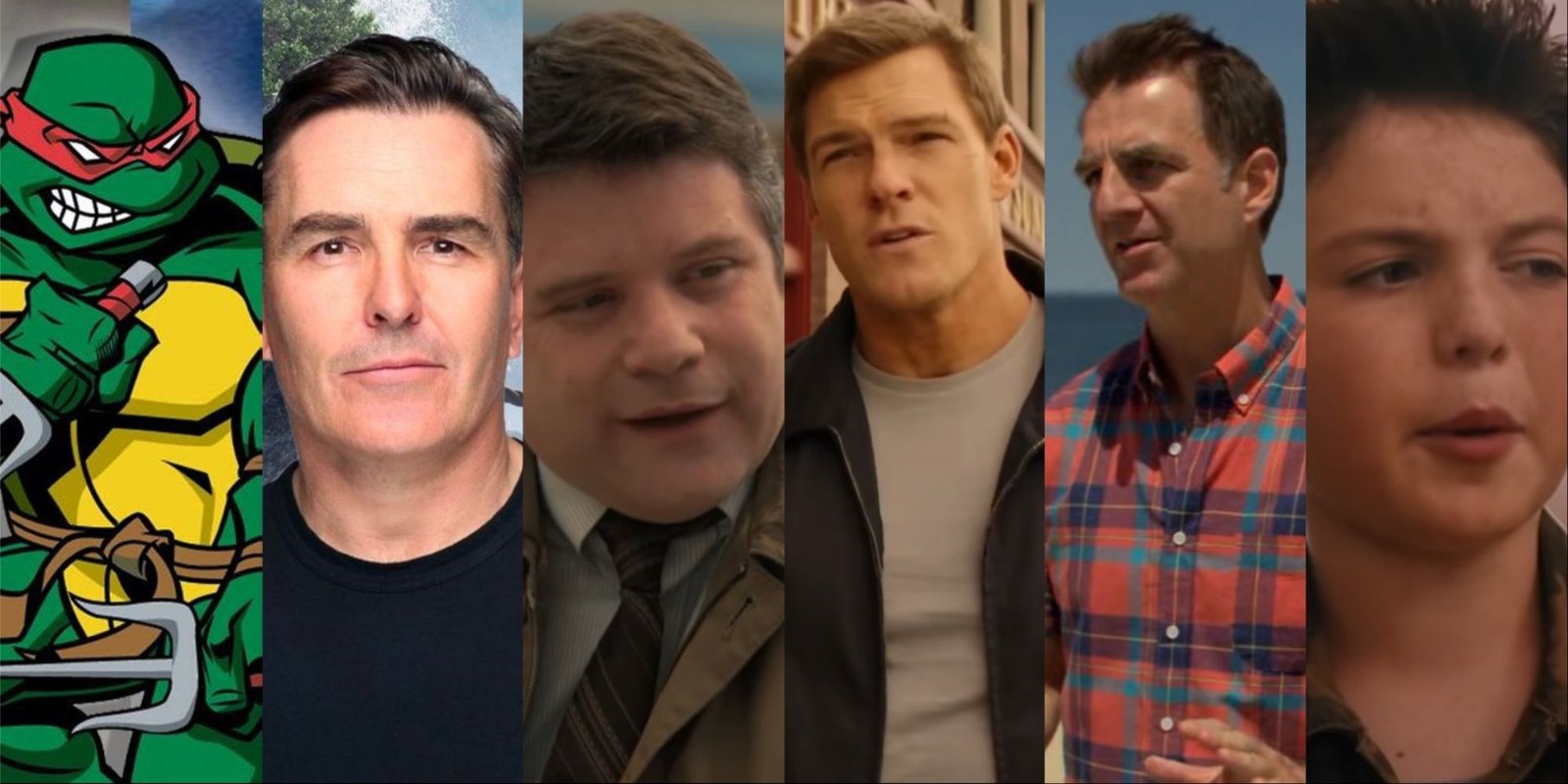 A five-image collage of Nolan North interviewed at an event for Uncharted 4, Sean Astin in Stranger Things, Alan Ritchson in Reacher, Greg Abbey in Jessica Jones, and Brady Noon as Thor in Good Boys.