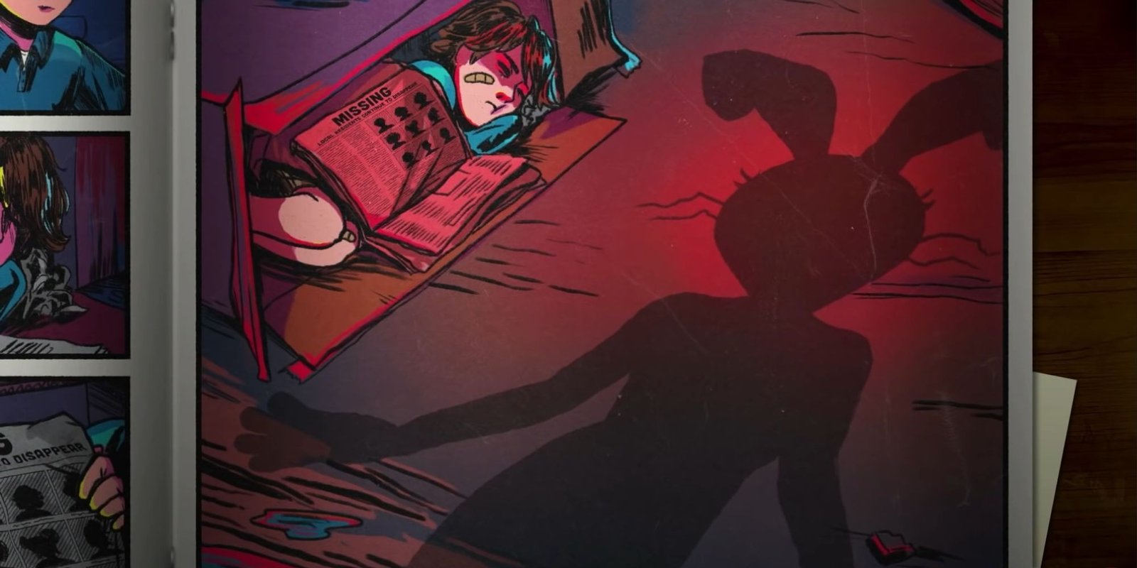 The bad ending, Five Nights at Freddys (FNAF) Security Breach (SB), featuring gregory in a cardboard box with a missing persons newspaper blanket and vanny walking up to him