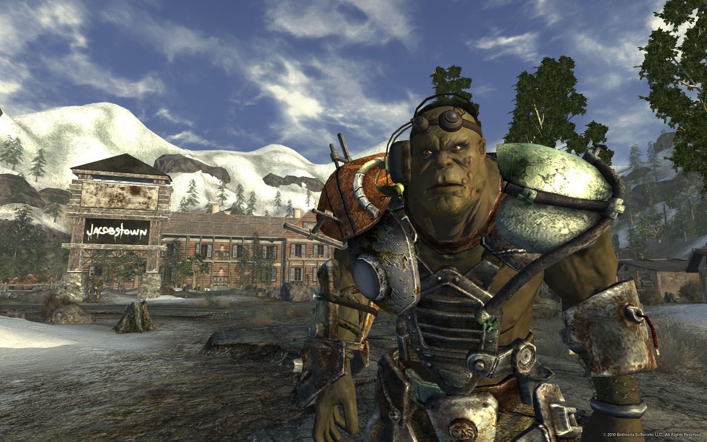 Super mutant Marcus standing in frontt of Jacobstown in Fallout New Vegas