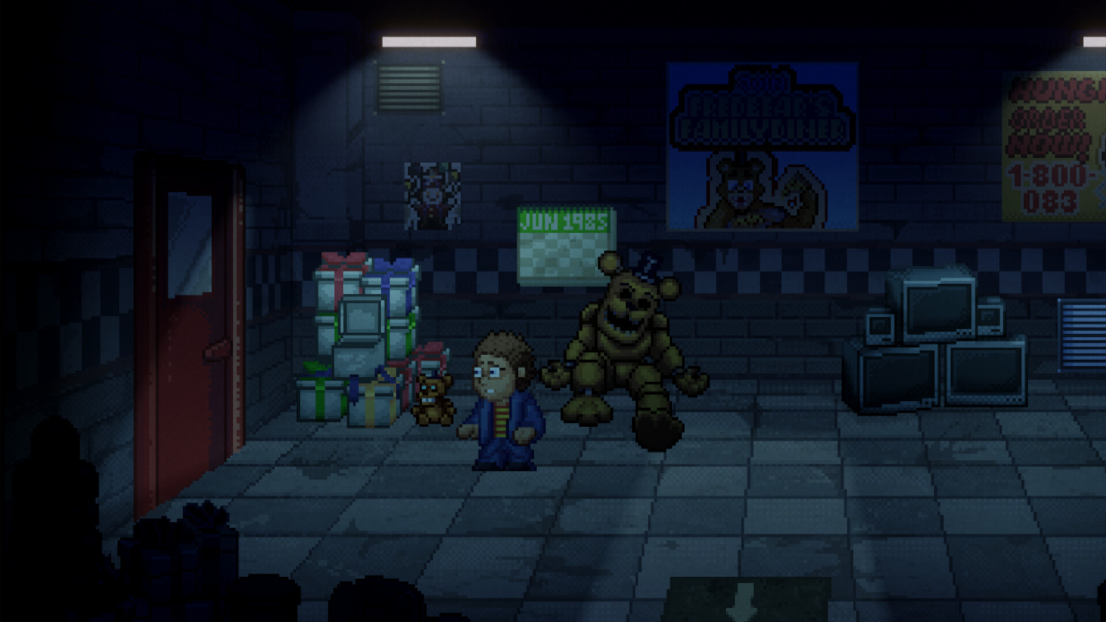 Oswald walking past Golden Freddy in Five Nights at Freddy's: Into the Pit.