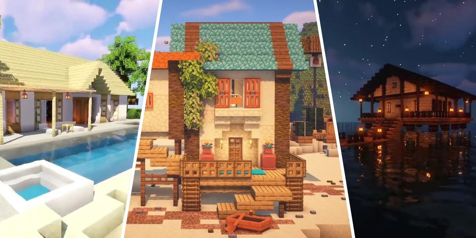 Three Minecraft Beach Houses. The one on the left is a more modern take with a pool in the front. The one in the middle has shrubbery growing from the roof and a boat in the front. The one on the right is built out on the water, and lit by lanterns at night.