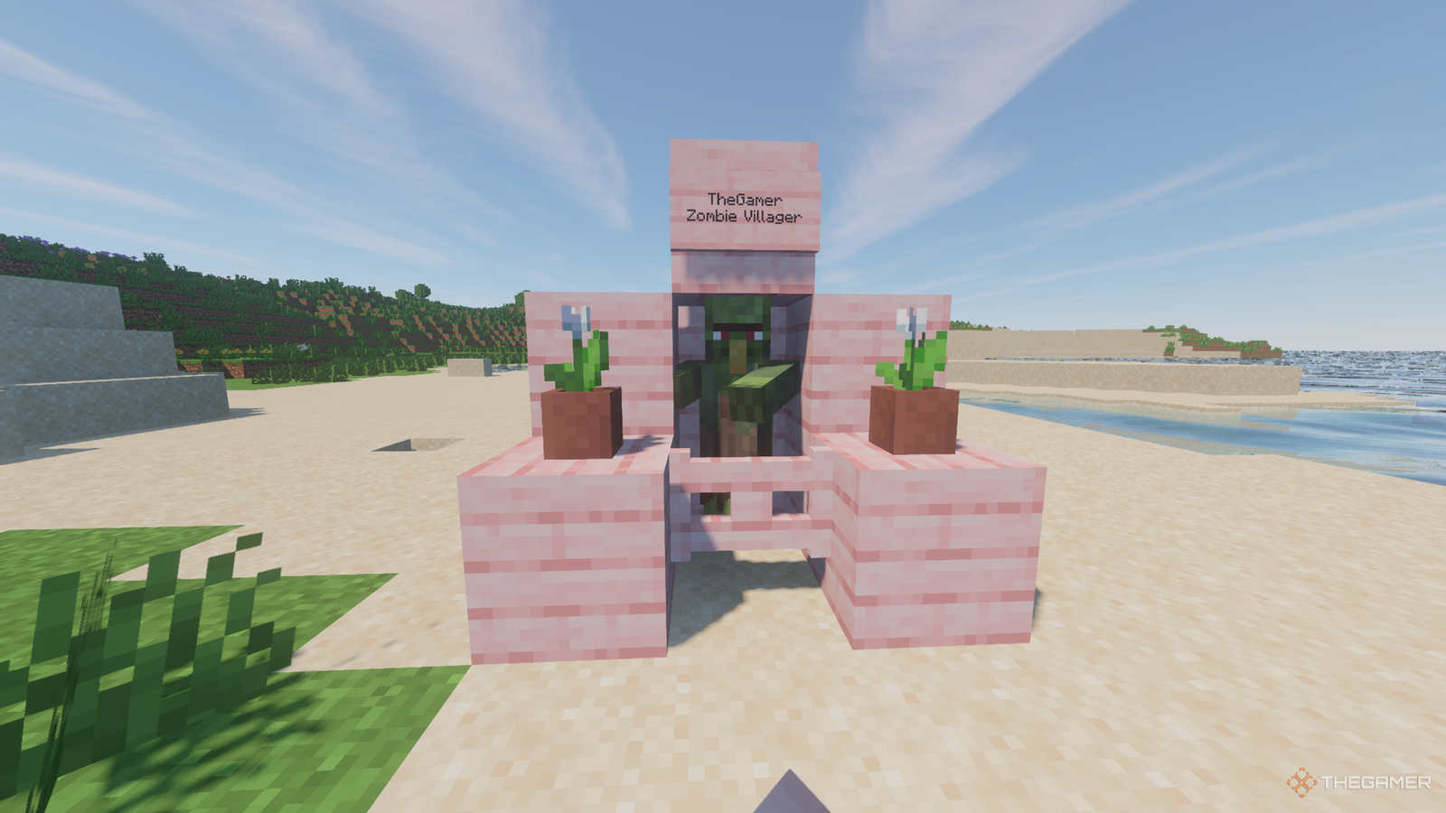 Zombie Villager trapped in an enclosure that reads "TheGamer Zombie Villager".