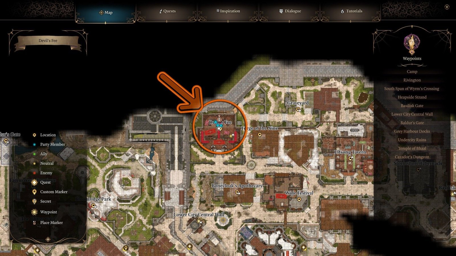 Map Location Of Devil's Fee In Northern Lower City In Baldur's Gate 3