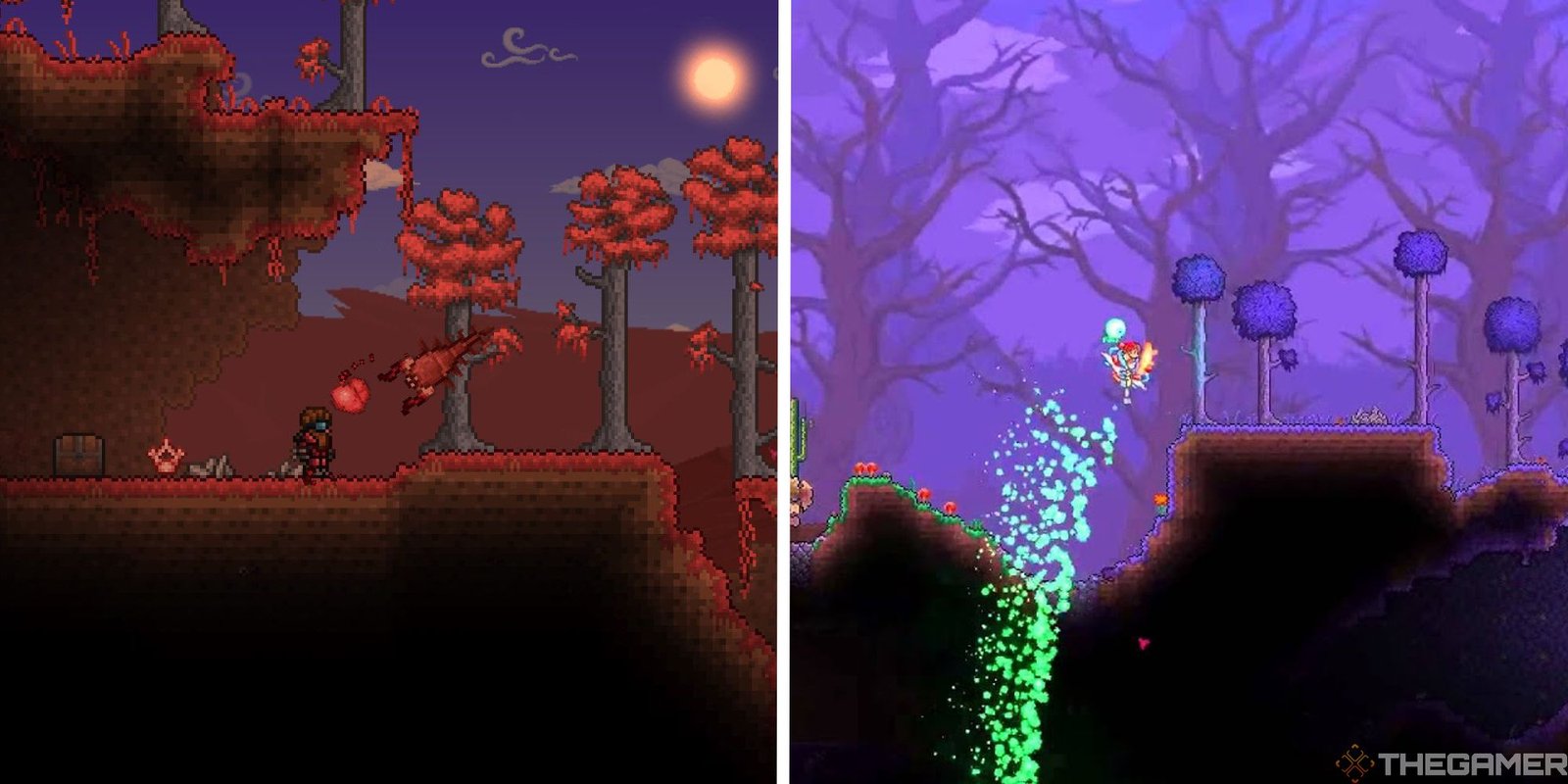 image of crimson biome next to image of player removing the corruption biome