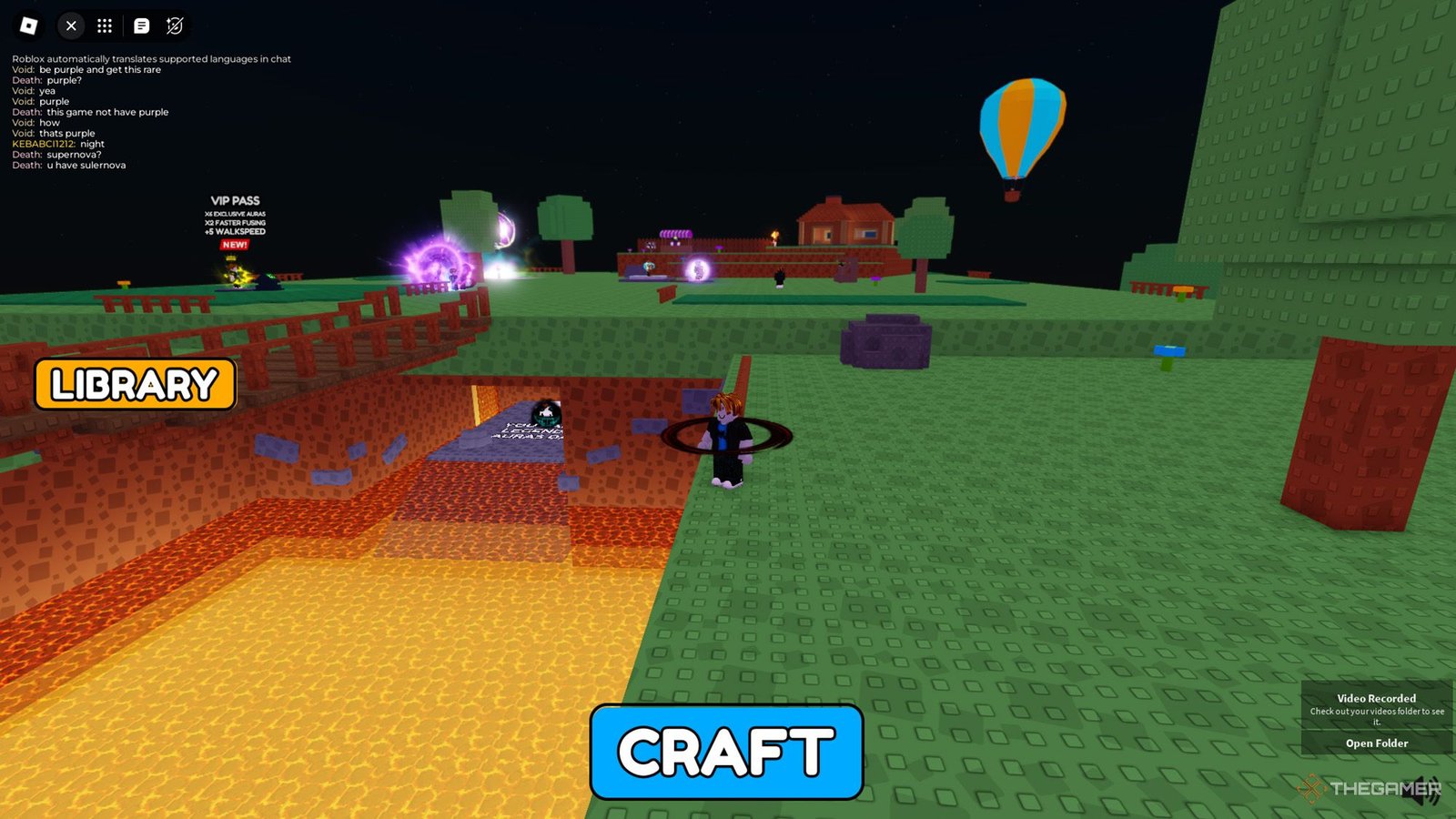 Player is looking legendary aura craft area that is located beyond the lava pool in Roblox - Aura Craft.