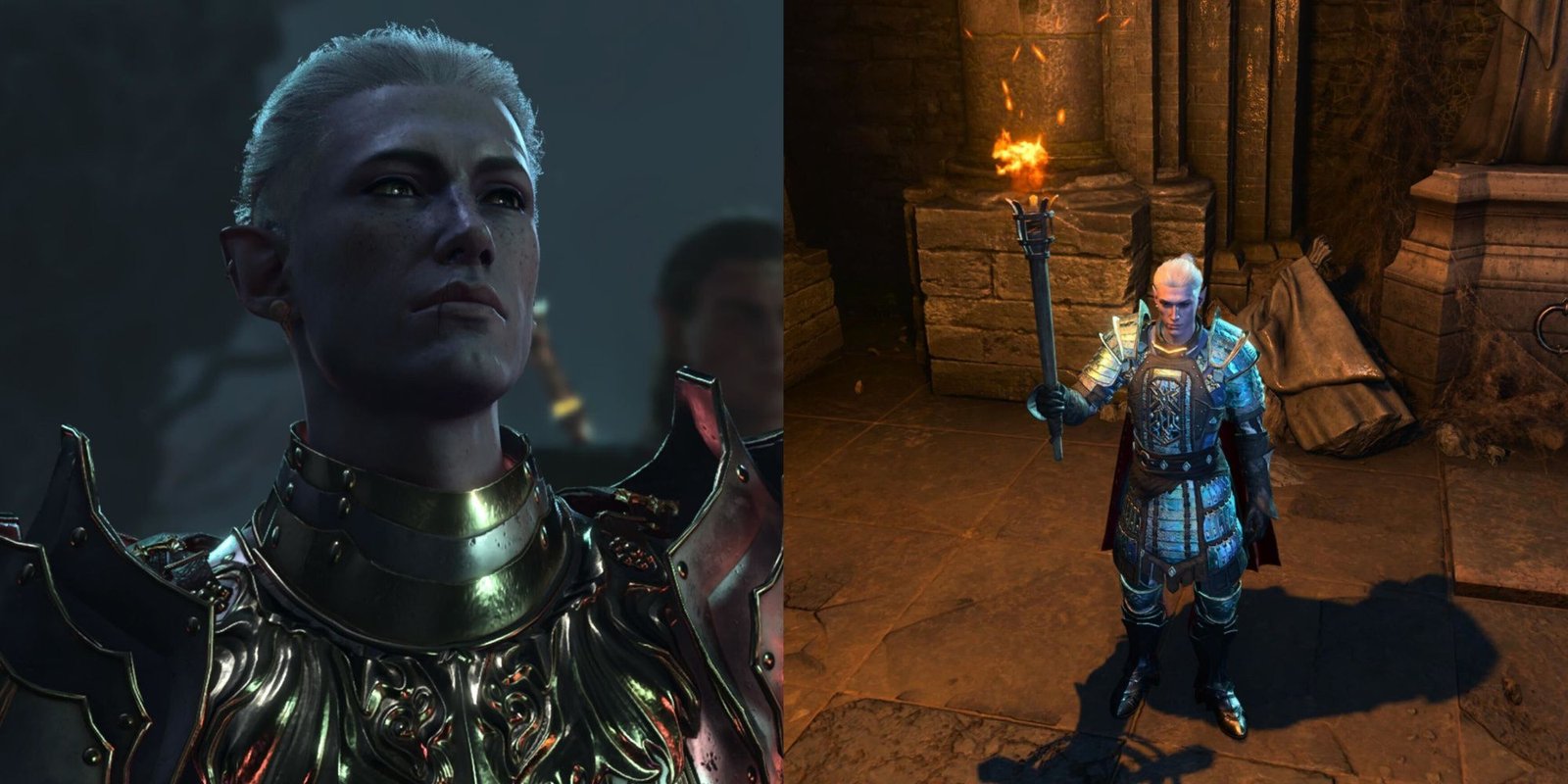 Baldur's Gate 3 split screen of a drow in the shadow-cursed lands and the drow holding a torch in ruins