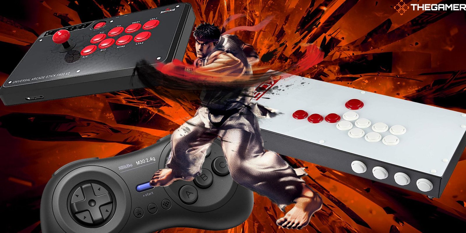 Ryu, from Street Fighter stands in front of various gaming controllers commonly used for fighting games.