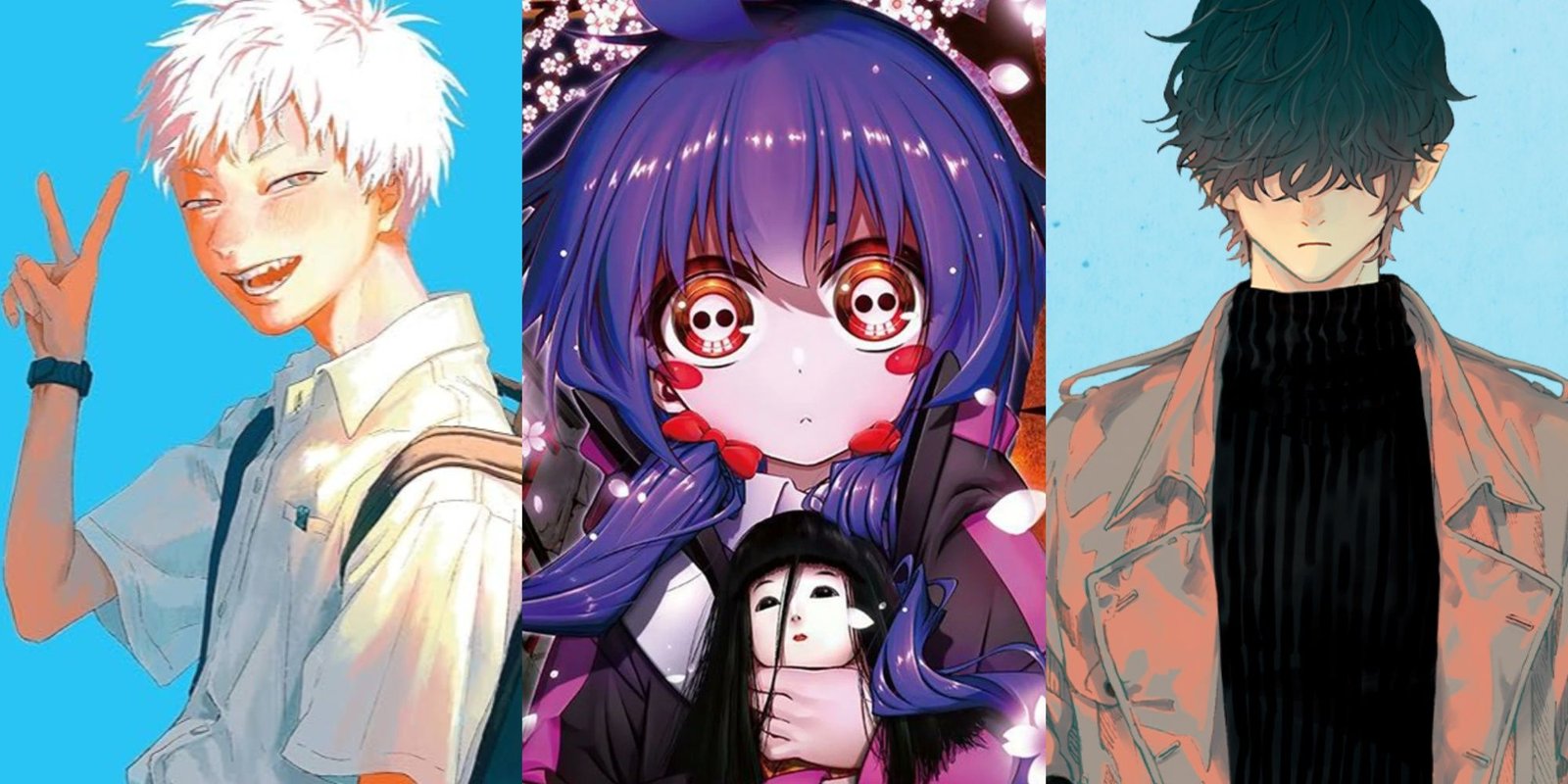 A collage of images featuring the cover art of the following manga (From Left to Right): The Summer Hikaru Died, Dark Gathering, and Mr. Villain's Day Off