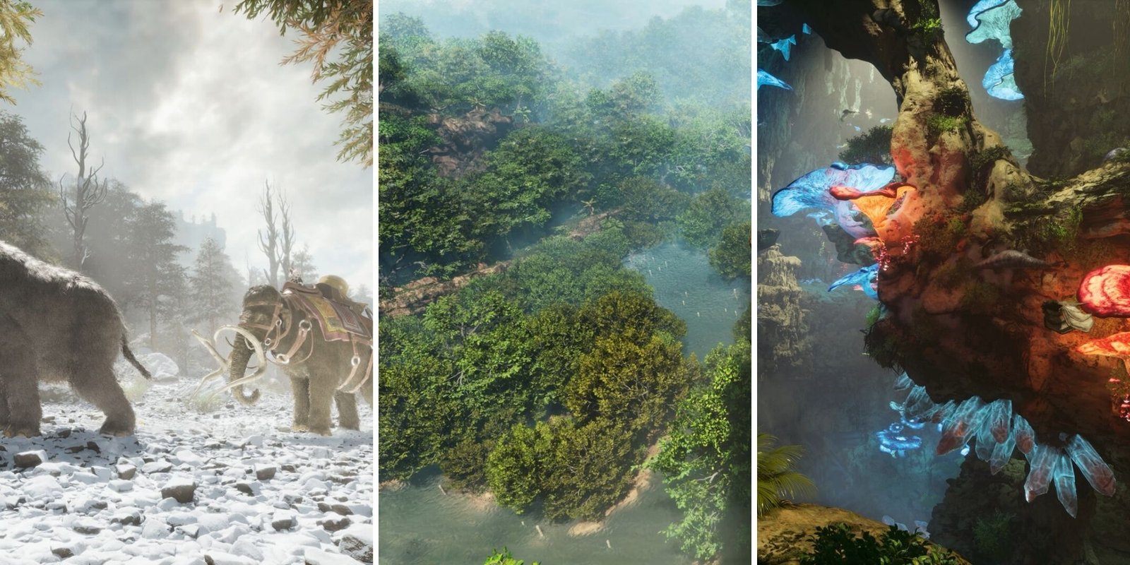 A split image of a snowy forest with wooly mammoths, an aerial view of a river and green trees, and a cave complex with glowing, orange mushrooms and blue crystals.