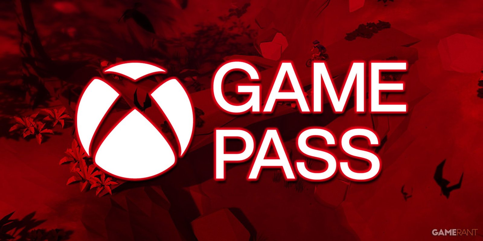 Xbox Game Pass logo white and glowing over red-tinted Lonely Mountains Downhill promo gameplay screenshot