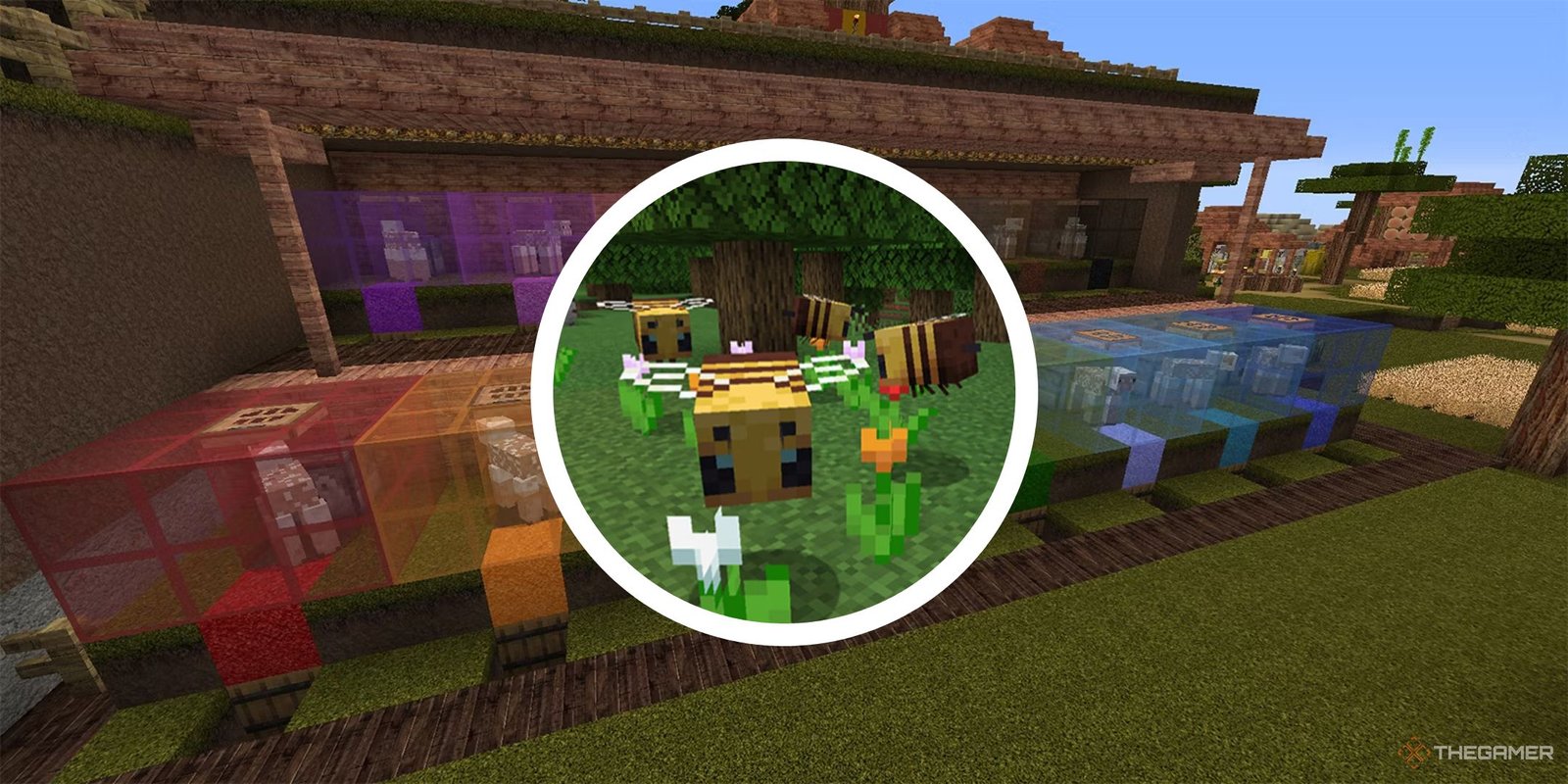 background image of minecraft wool farm with cricle png showing bees near flowers