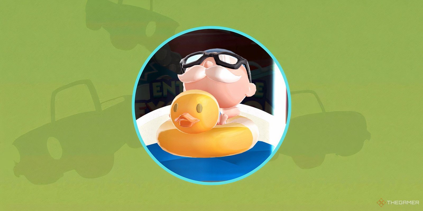 Mr. Monopoly floating on a pool floaty in front of a green background with car icons for Entourage Excursion in Monopoly Go.