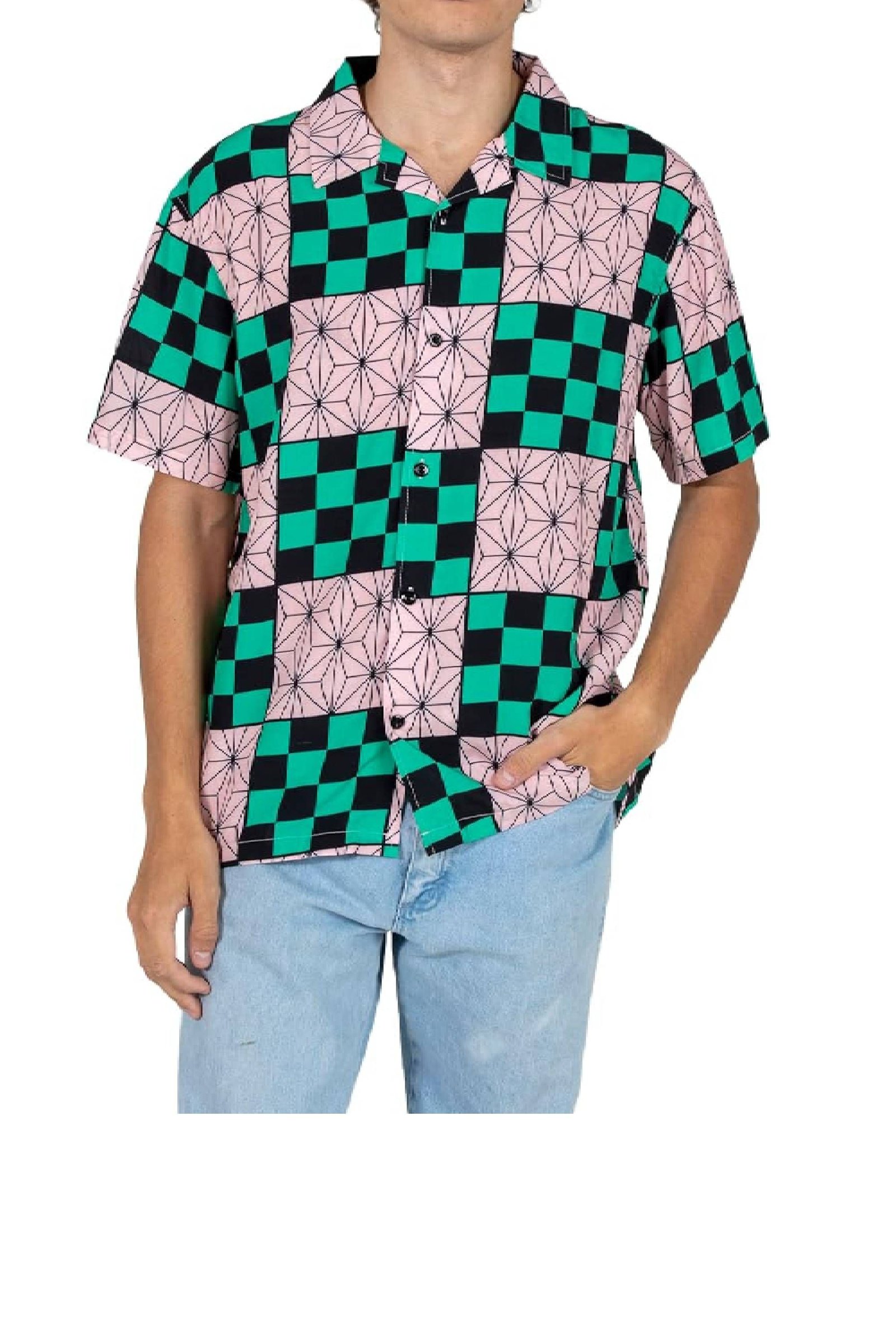Demon Slayer Tanjiro Nezuko Print Short Sleeve Button Down Shirt