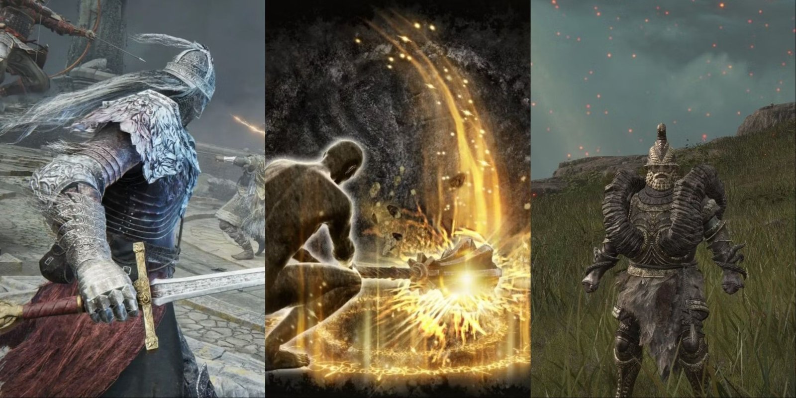 A collage showing a knight going into PVP, an Ash of War, and a heavy armor.