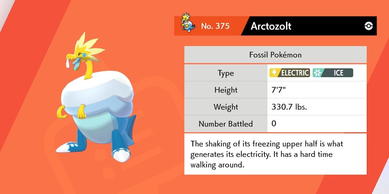Arctozolt's Pokedex Entry in Pokemon Sword and Shield.