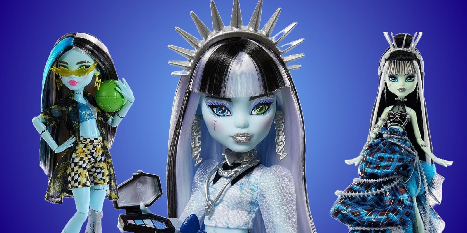 Three Frankie Stein Dolls against a blue gradient background