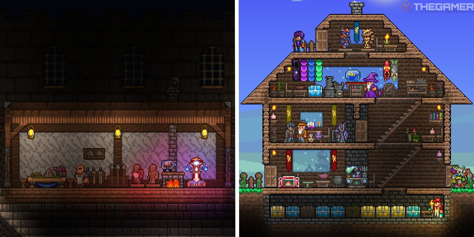 split image showing NPC innkeeper in a tavern, next to image of a terraria house with several NPCs inside