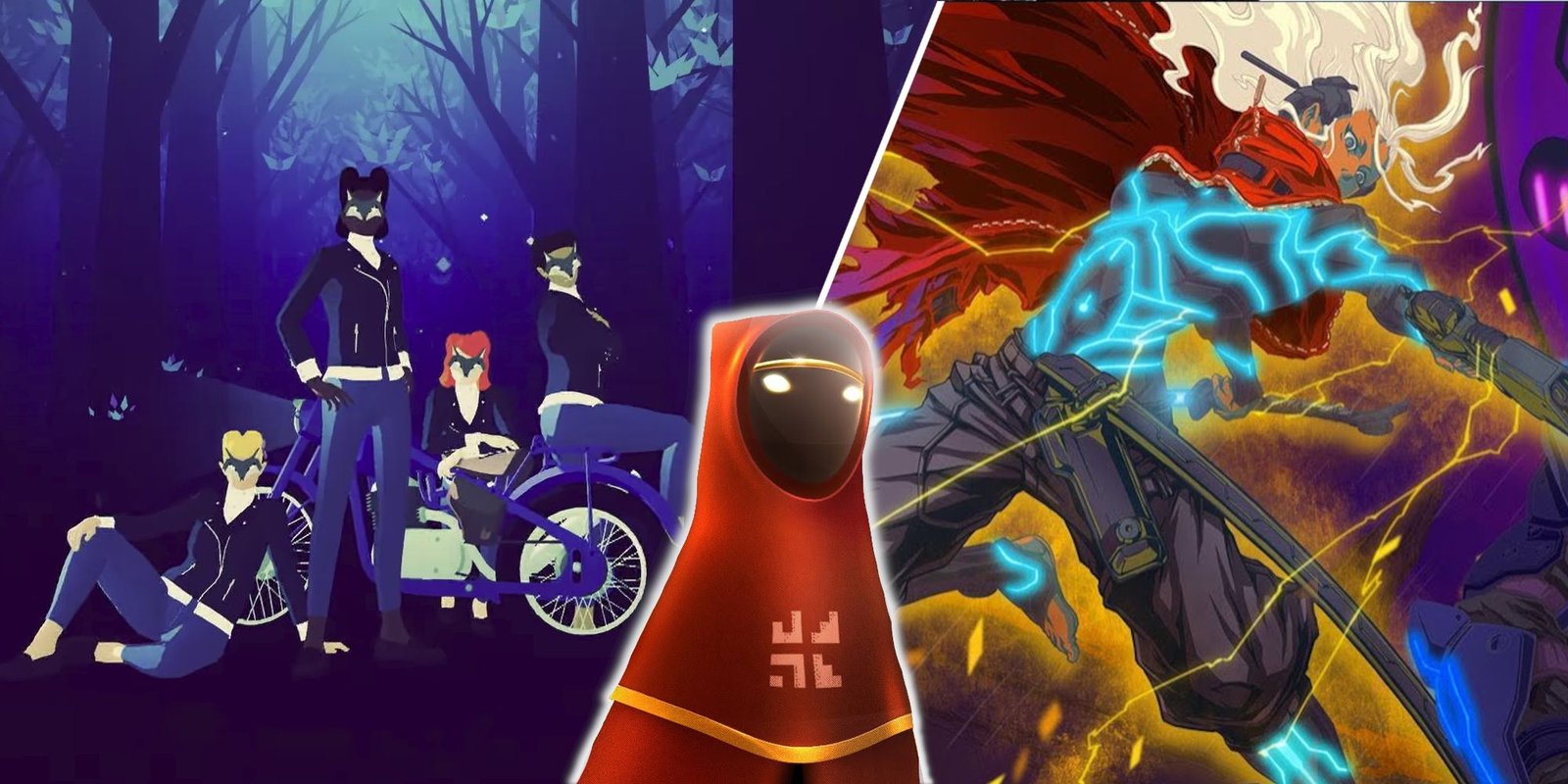 Sayonara Wild Hearts and Furi split image with The Journey Protagonist popping up in the center