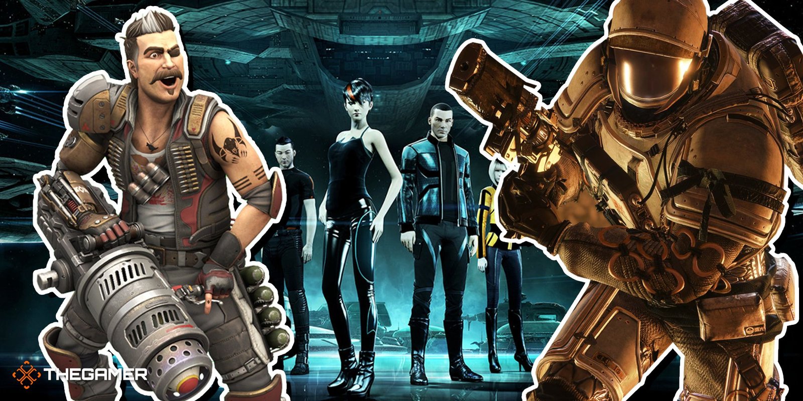 Game art from Eve Online, Apex Legends and Destiny 2.