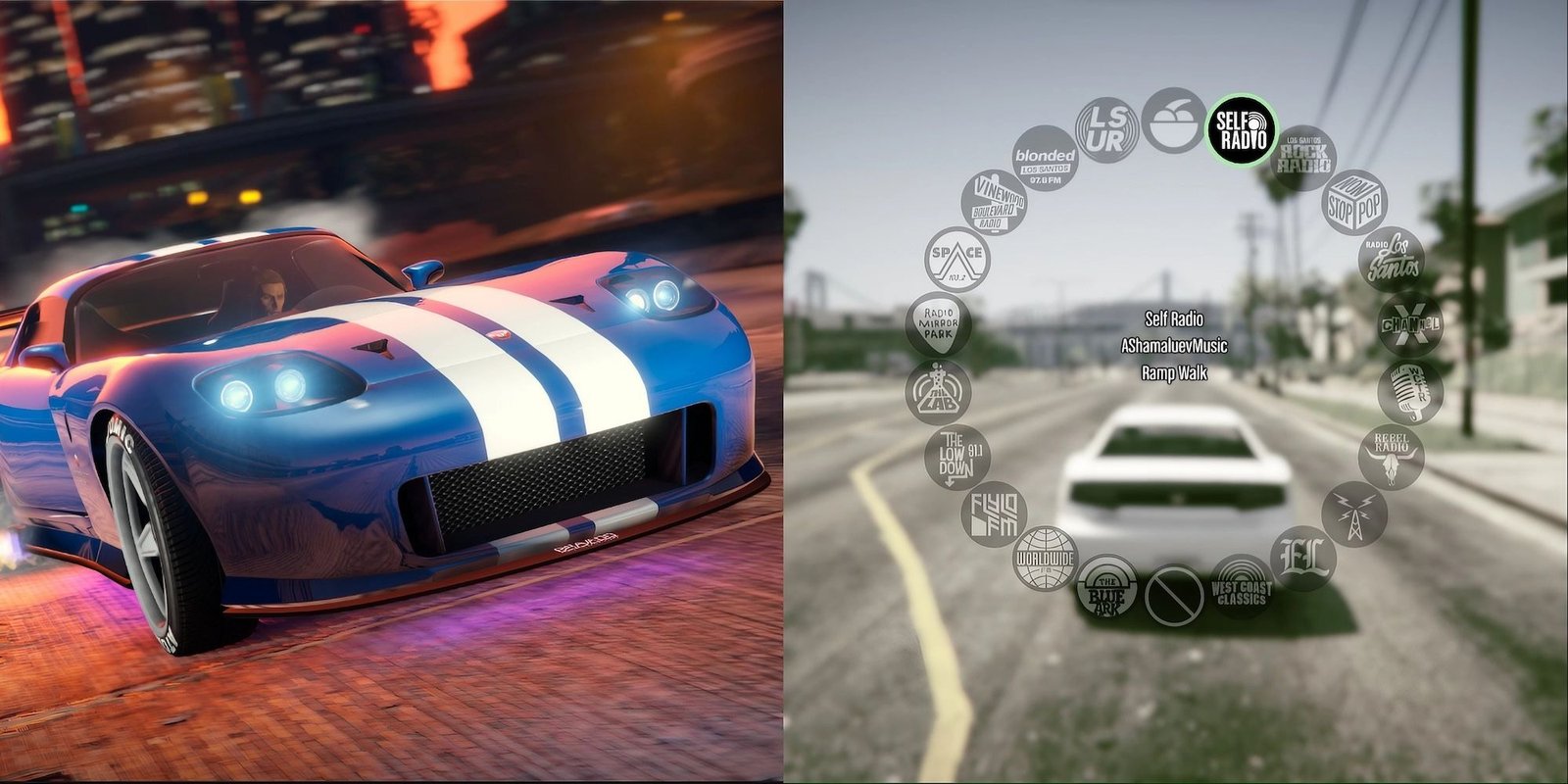 Collage image created from blue car and white car from Grand Theft Auto 5