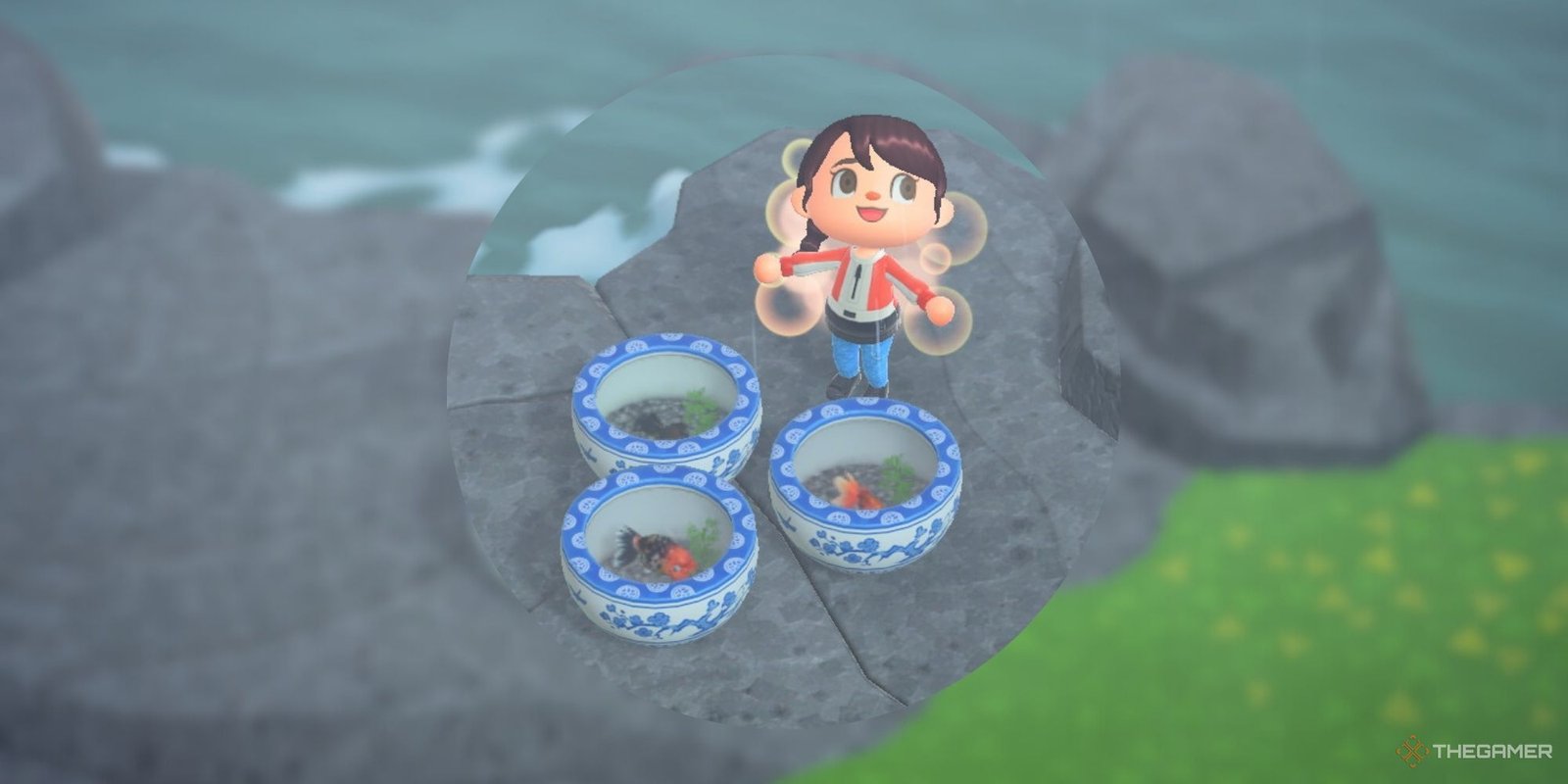 Animal Crossing New Horizons Villager Standing With Goldfish, Ranchu Goldfish, and Pop Eyed Goldfish