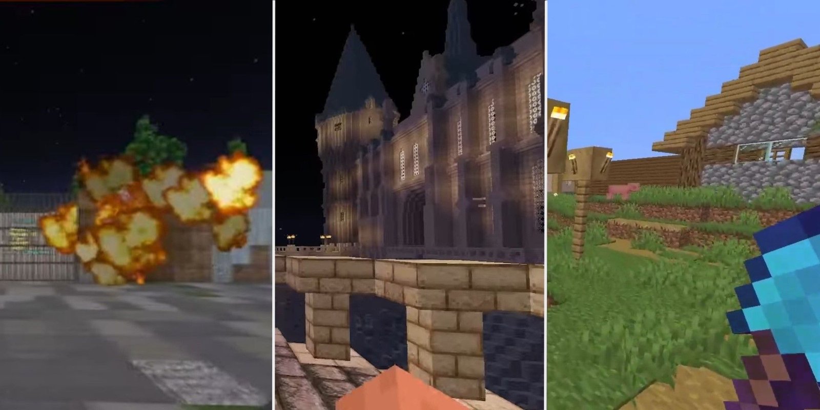 A split image showing the Havoc Games, Potterworld MC and Aurelia RPG server in Minecraft