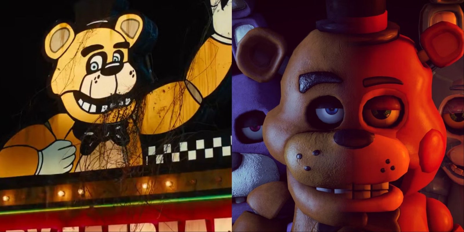 A collage of the FNAF sign in the movie on the left and the lineup of the animatronics on the right.