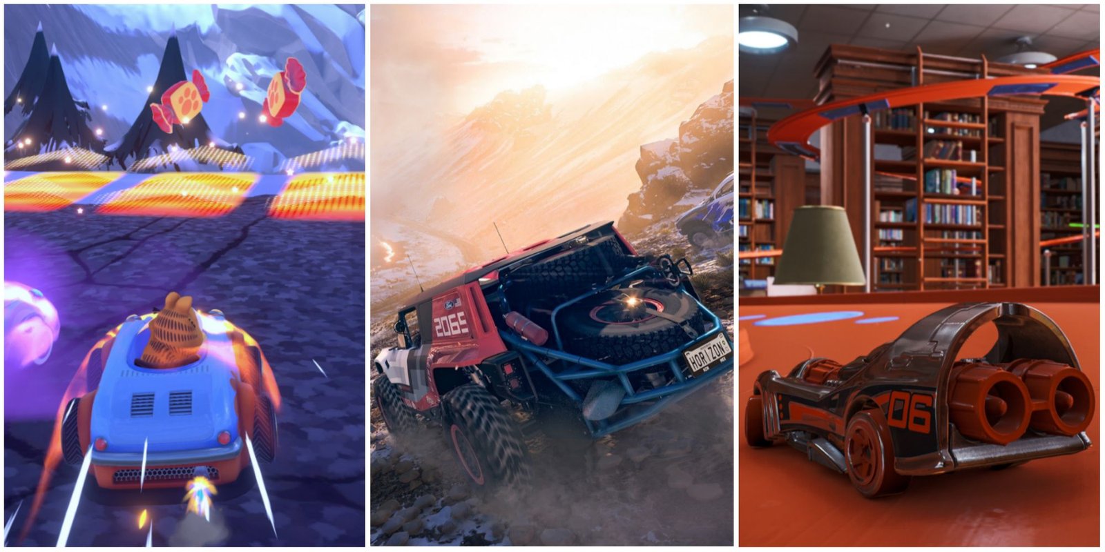 Garfield racing in snowy stage in Garfield Kart Furious Racing, racing down a mountain in Forza Horizon 5, a racecar on the track in Hot Wheels Unleashed