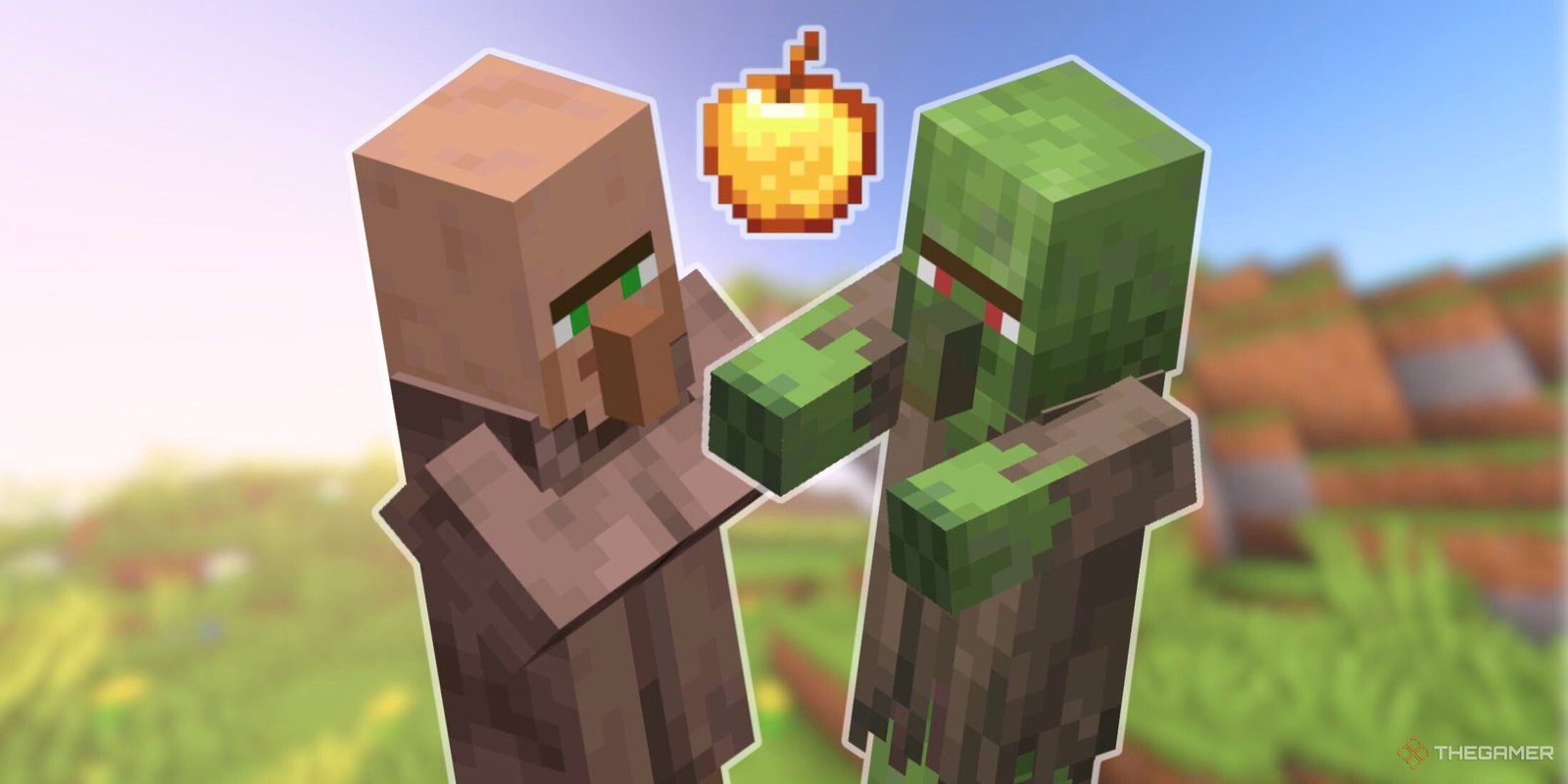 Minecraft's zombie villager and regular villager in front of blurred background.