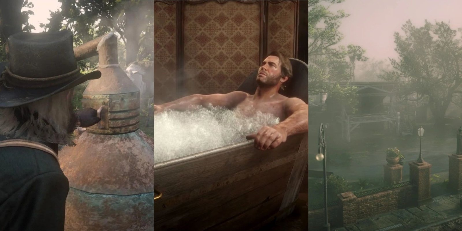 Arthur operating a moonshine still, Arthur taking a bath, and the town square of Saint Denis, left to right