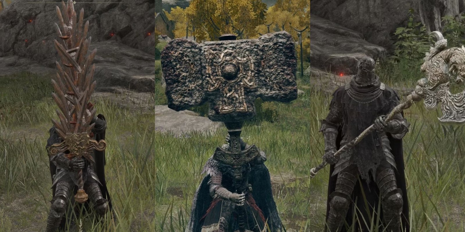 A split image of the Grafted Greatsword, Giant Crusher, and Dragon's Halberd in Elden Ring.