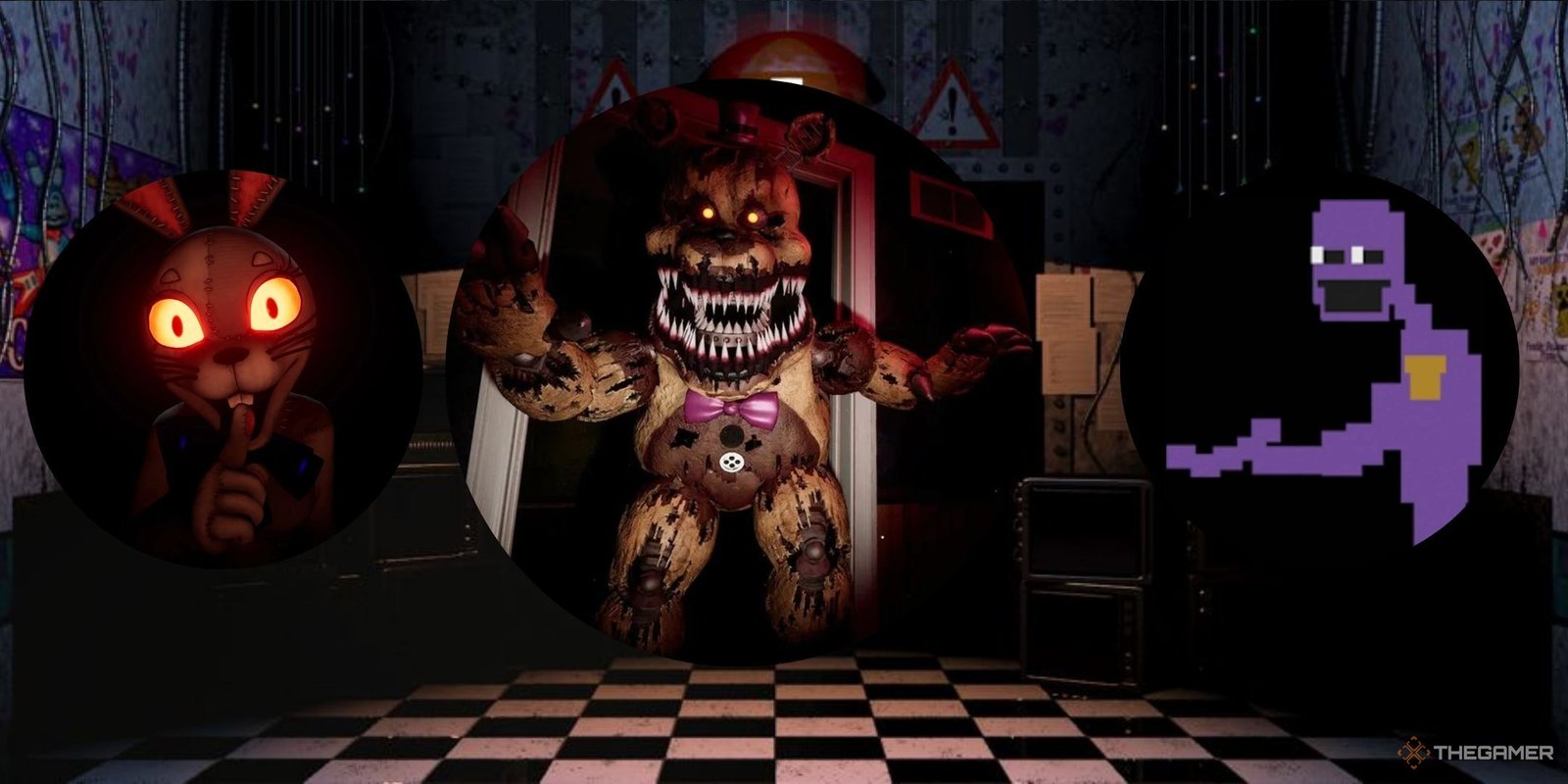 A collage showing different characters of FNAF in a spooky background.