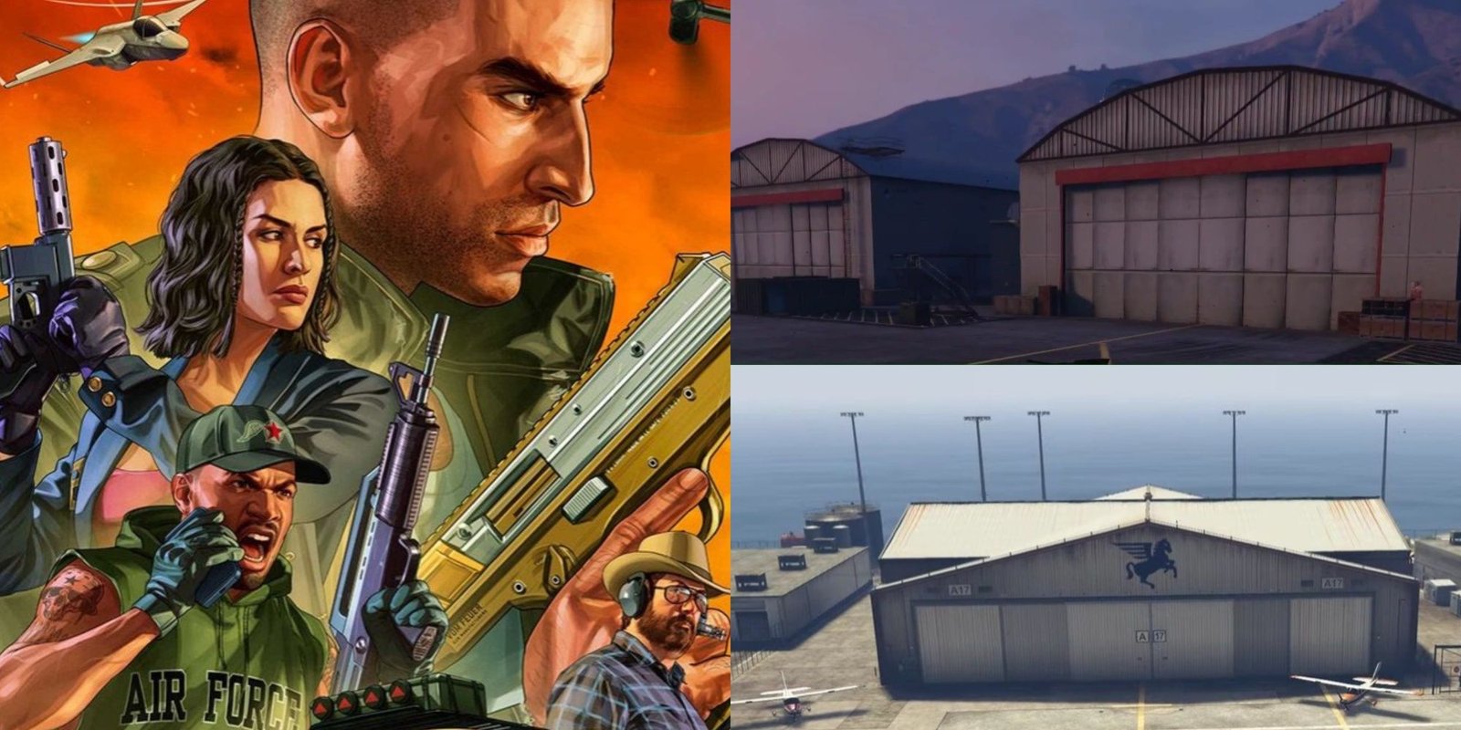A collage showing San Andreas Mercenaries artwork and two hangars.