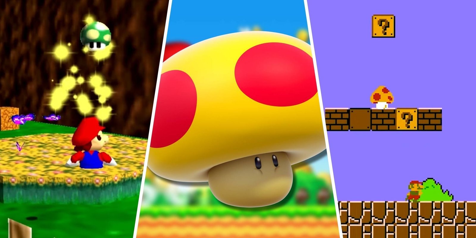 A split image of Mario getting a 1-up in Super Mario 64, a Mega Mushroom from New Super Mario Bros, and Mario getting a Super Mushroom in Super Mario Bros.